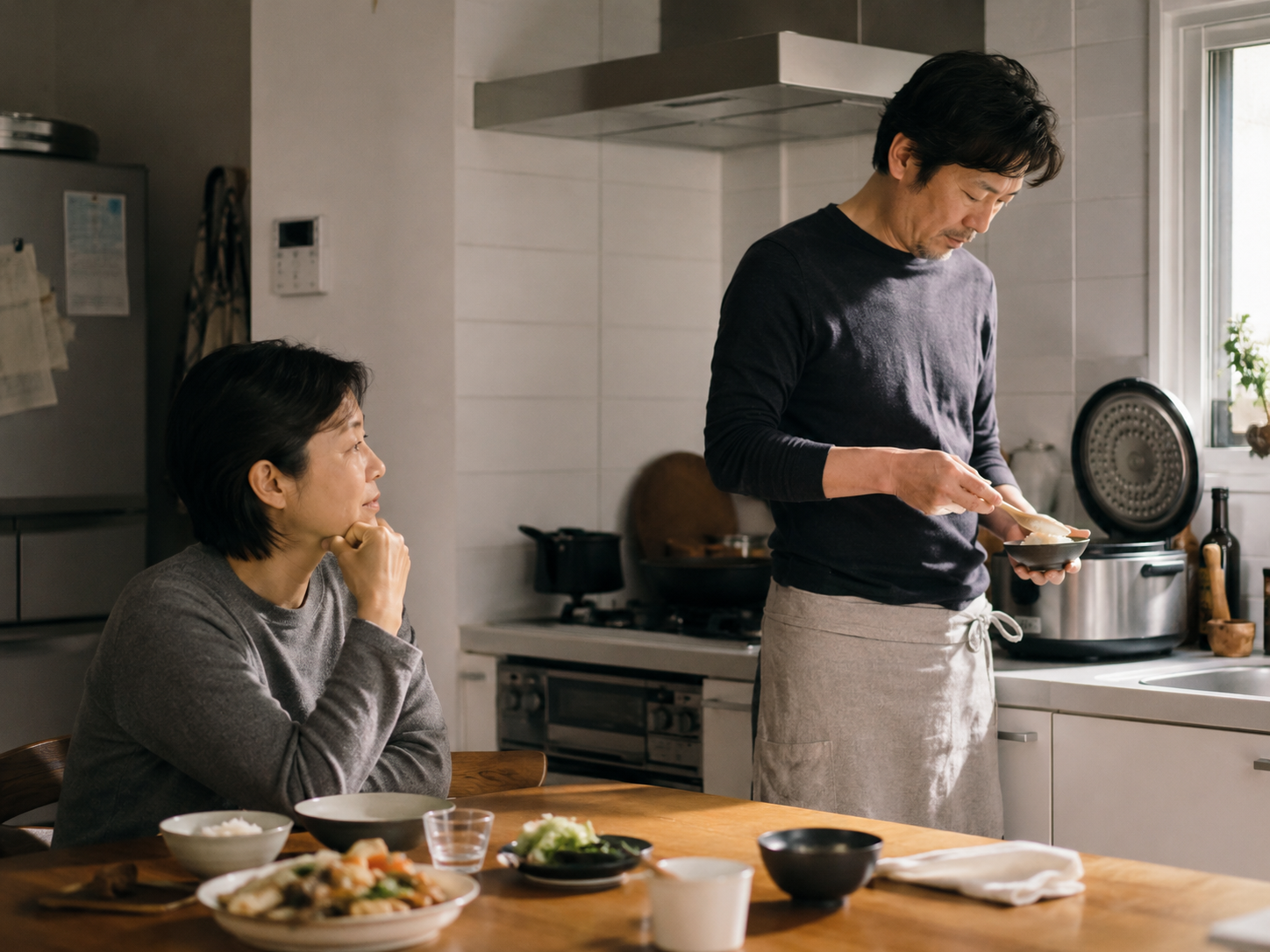 A person serves rice beside a generic pressure multicooker while another adult sits at the table.