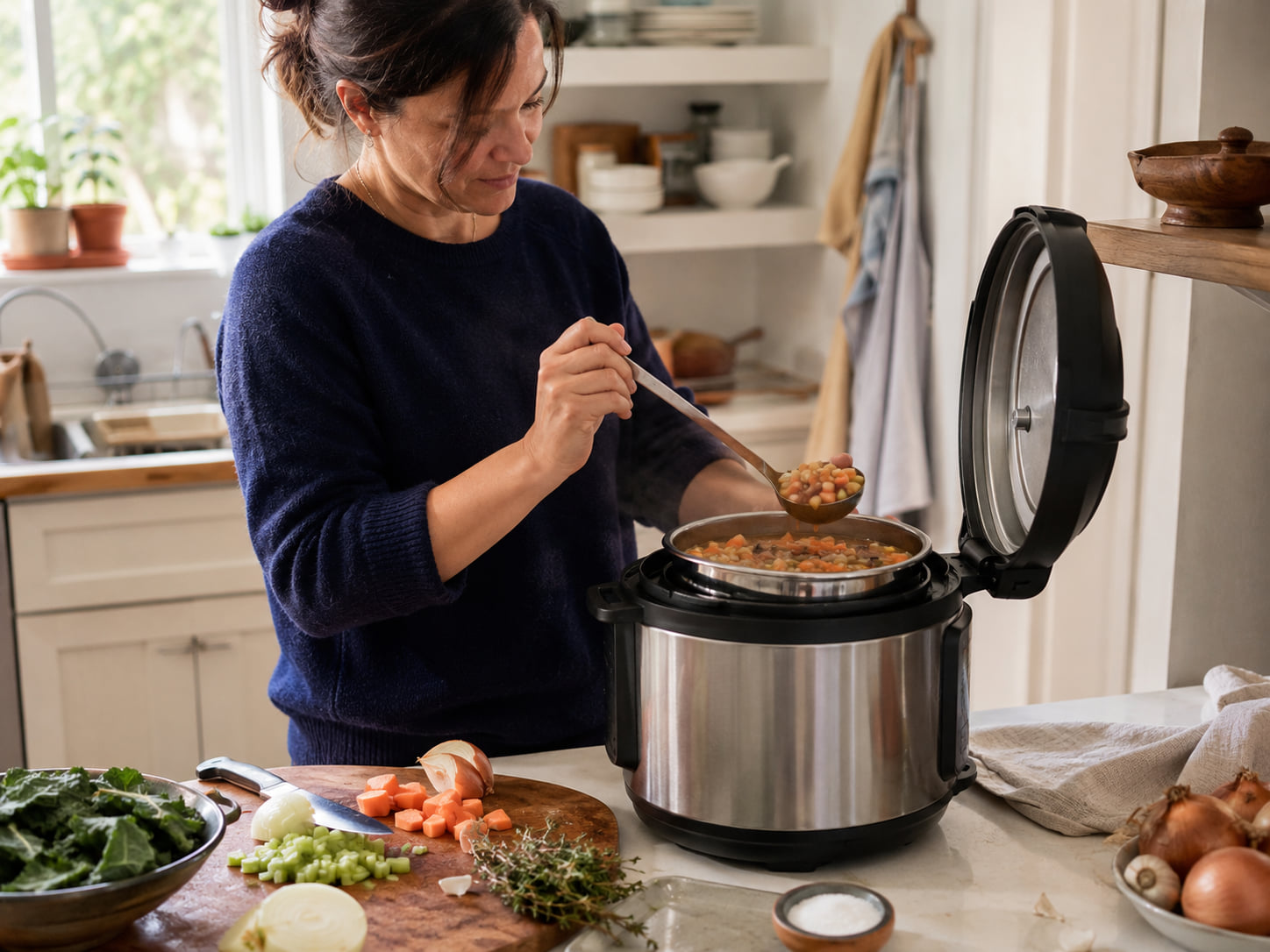 A person ladles vegetable soup from an open multicooker beside chopped onions and greens.