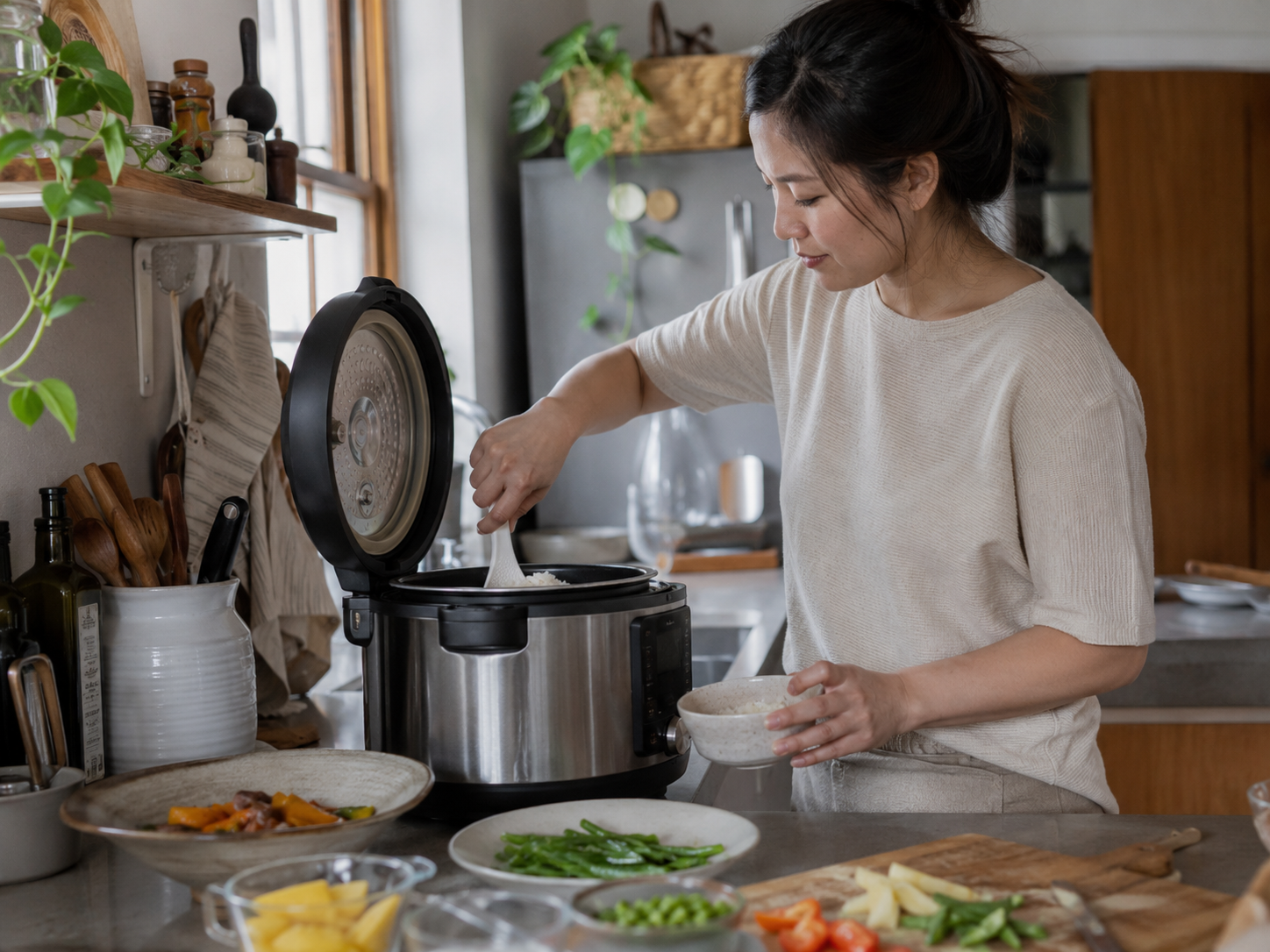 A person scoops rice from an open multicooker beside vegetables and other meal dishes.