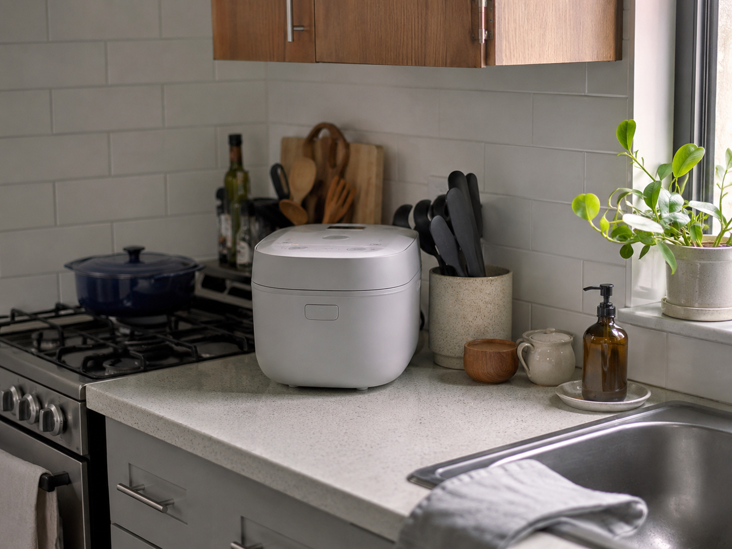 A white rice cooker occupies counter space between the stove and sink in an ordinary kitchen.