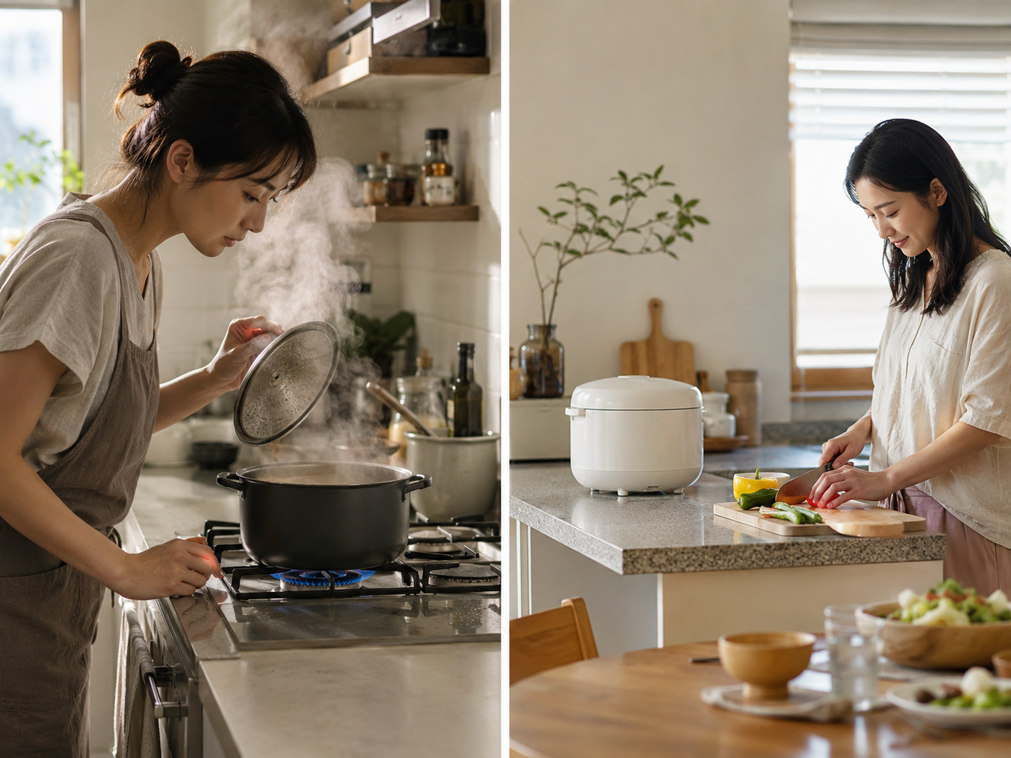 A split scene contrasts a cook tending a steaming pot with another cook preparing vegetables beside a rice cooker.