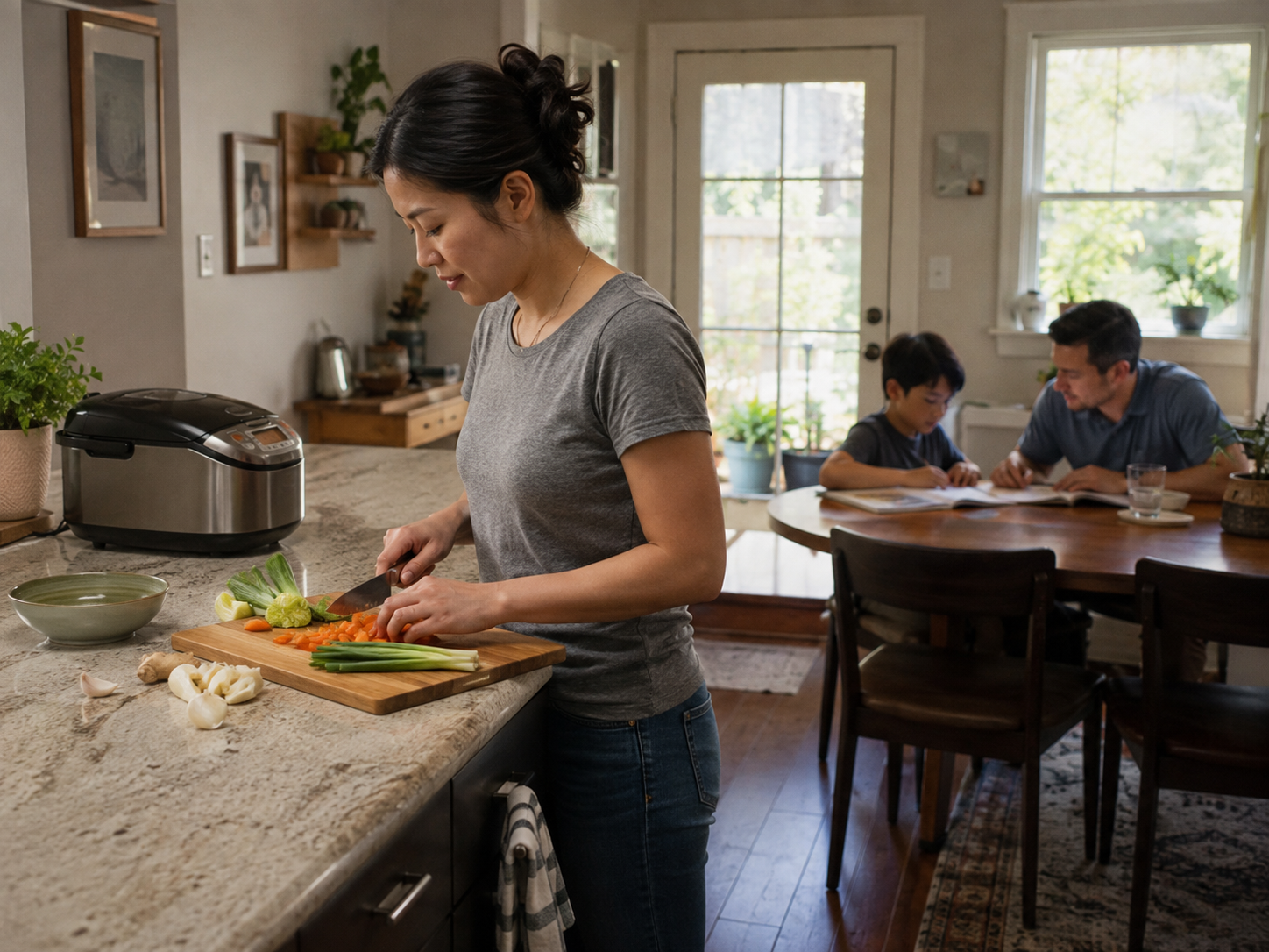 A person prepares vegetables beside a rice cooker while two family members work together at the dining table.