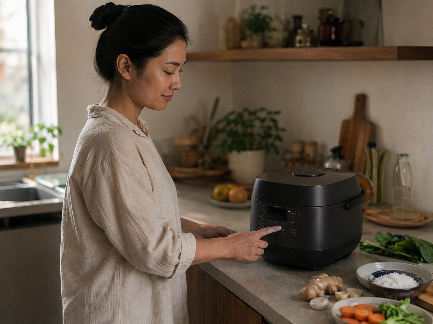 A person presses an unlabeled control on a generic black cooker beside prepared dinner ingredients.
