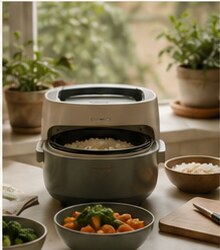 Rice cooker beside a completed meal, bowls, and place settings in a warm kitchen.