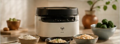 A rice cooker beside bowls of rice and vegetables prepared for a shared meal.