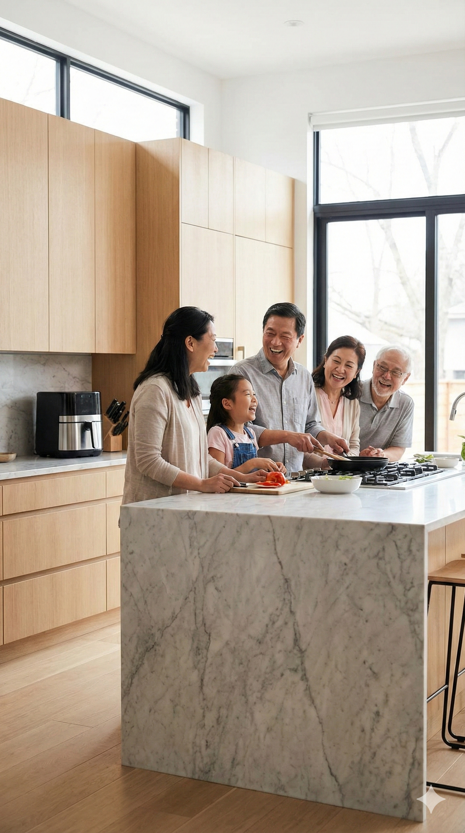 Smiling adult couple standing side by side at a kitchen stove